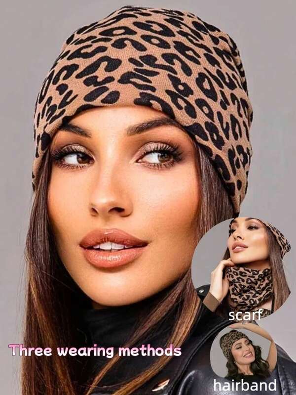1pc Leopard Print Casual Neck Warmer Hair Bonnet, Elastic Breathable Skull Cap, Unisex Loose Lightweight Brimless Hat