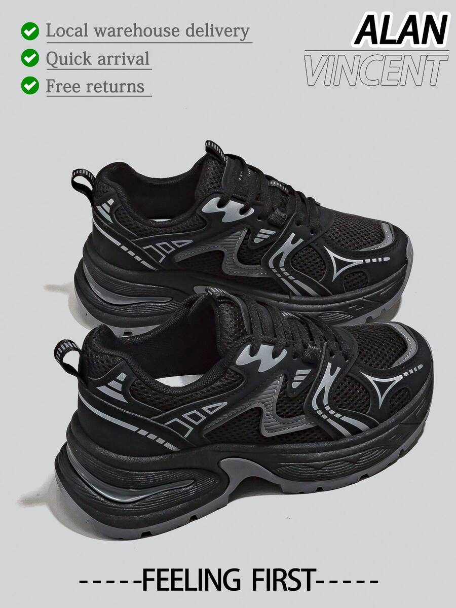 Alan Vincent[Free Returns And Exchanges][Local Delivery][Quick Arrival][City Sneaker Series]Women's Sneakers New Thick Soled Height-Increasing Women's Black Shoes Fashionable And Comfortable Soft Shoes Can Be Paired With Various Pants And Clothes Outdoor Sports Shoes Street Style Box Packaging - 黑色 - 查看 1