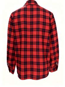 女士必备红色格子涤纶衬衫，长款常规袖，纽扣细节设计，休闲秋季风格