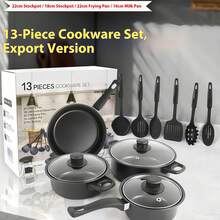 13pcs Cookware Set, Full Kitchen Cooking Pot Pan Set, Non-Stick Coating, Heat-Resistant Handles, Tempered Glass Lids, Frying Pan, Soup Pot, Milk Pot, Various Pots And Spatulas