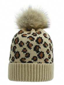 Custom Knitted Leopard Print Fuzzy Pom Pom Beanie Hat