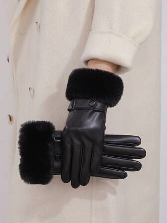 1 par de guantes para mujer con puño de piel, guantes térmicos forrados de moda resistentes al agua y al viento con pantalla táctil de PU