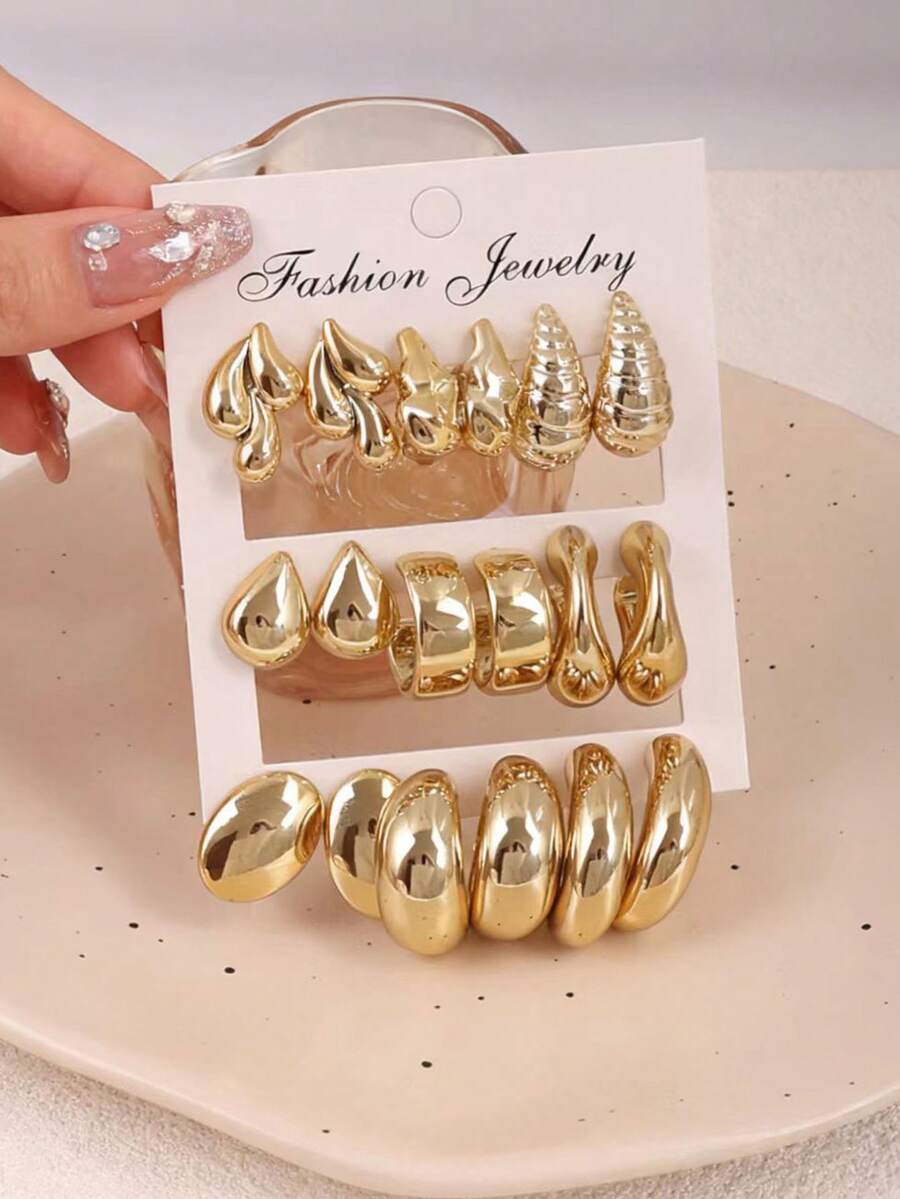 1/3/9 Pairs Elegant Geometric Water Drop C-Shaped Threaded Gold Tone Earrings Set, Suitable For Dates, Parties, Holidays, And Daily Wear