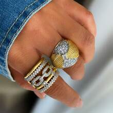 1 件奢华金色双色电镀戒指，镶嵌微镶锆石，材质经典永恒设计，高品质简约风格，适合日常佩戴 - 金色 - 查看 1