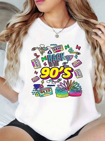 Diseño Retro Con Cintas De Casete Colores Neón Texto Back To The 90s Y Elementos Icónicos Camiseta De Mujer Casual