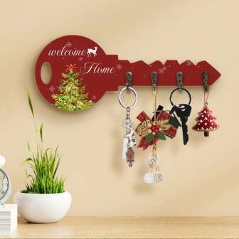 2D Flat, 2D Christmas Tree-Shaped Wooden Keychain - A Holiday Wall Decoration With Hooks, Suitable For The Entrance Hall And Home Organization, An Ideal Holiday Gift