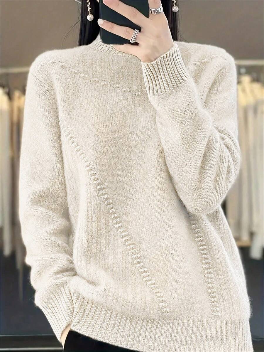 Plus Size Solid Mock Neck Knit Sweater, Long Sleeve Casual Pullover, Elegant Warm Top For Spring Winter, Daily Wear & Vacation - Beige - View 1