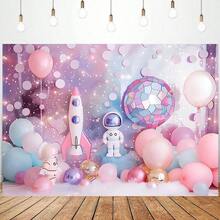 Teln de fondo de cumpleaos de astronauta espacial para fotografa rosa para nios y nias, temtica de astronauta, decoracin de de cumpleaos, estrellas con purpurina, fondo de visualizacin - 5x3 pies - Ver 5
