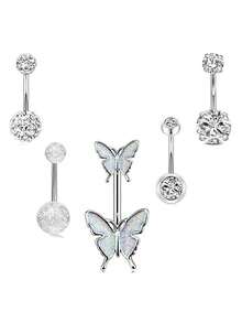 4/5/8/10pcs Body Jewelry Set, Cubic Zirconia Flower, Butterfly & Heart Decor 14G Stainless Steel Navel Piercing Rings, Suitable For Daily, Party, Holiday Gift, Beach