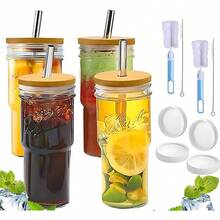 Vasos de Vidrio con Tapa Tazas de Vidrio con 4 Pajita Popote Acero Inoxidable, Botellas de Vidrio Vasos Cristal de Lata Cerveza Tazas de Caf Helado Batidos Soda Cctel Whisky Cola 650ml, 4PZS - inicial - Ver 2