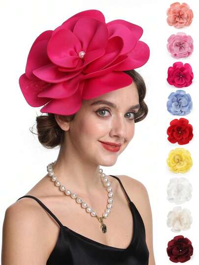 1pc Large Rose Flower Fascinators Hat Dainty Satin Fabric Big Camellia Flower Headband For Women Wedding Part Dance Clothes Accessories Jewelry Costume