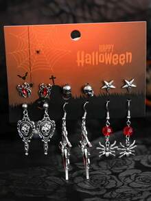 12 cercei gotici cu craniu, liliac, cruce metalică creativă, cercei cu pandantiv cu aripă de păianjen, potriviți pentru ținute de Halloween, cadou pentru prieteni