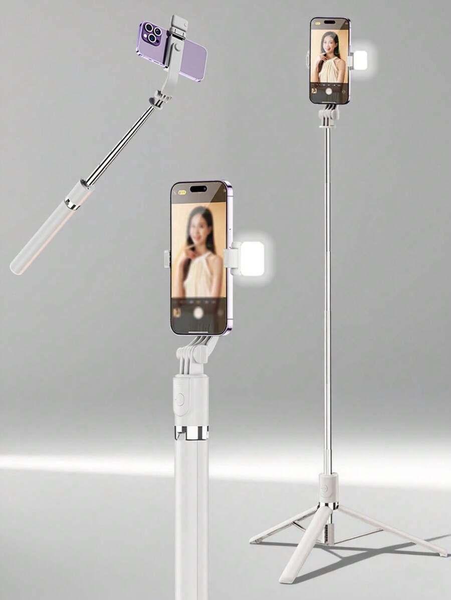 170cm Wireless Selfie Stick With Fill Light And Tripod, Compatible With IOS And Android Phones, Suitable For Summer Vacation, Travel, Fill Light, Outdoor Activities, Live Streaming - Matte White - View 1