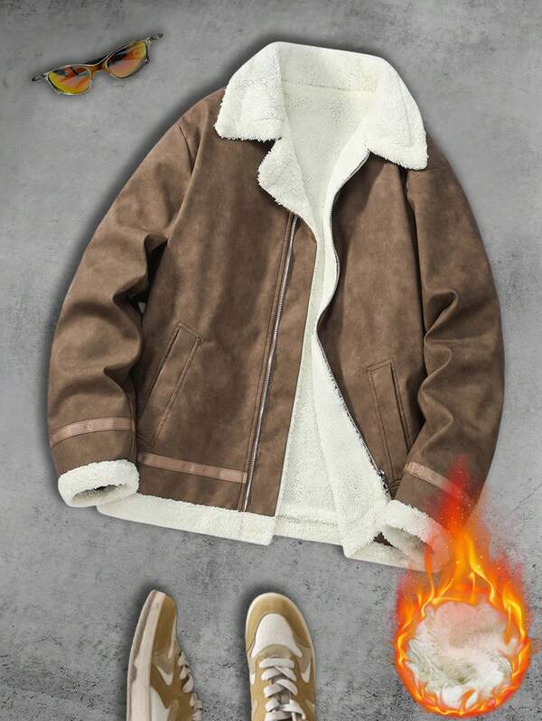Men's Winter Jacket This Brown Faux Shearling Jacket Combines Warmth With Style. The Faux Shearling Trim At The Collar, Cuffs, And Hem Adds A Soft, Fluffy Texture That Effortlessly Elevates Your Look With An Elegant Touch.