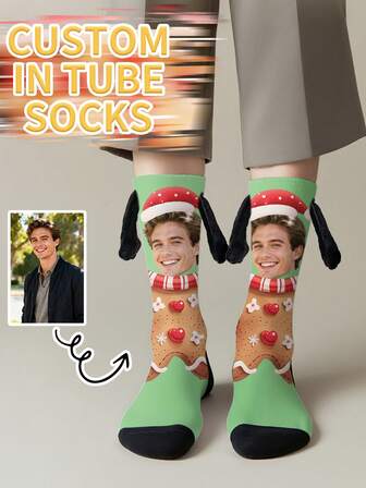 1 Pair Of Customized Face Men's Hand-Held Series Mid Length Socks, Place Any Face On The Socks, Personalize The Socks With Photos, Fun Custom Pictures With Mid Length Socks, Suitable For Valentine's Day, Birthdays, Gift Giving And Other Occasions, Personalized,Gymboy