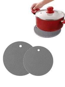 2pcs/Set Silicone Insulation Pad, Modern Black Honeycomb Textured Round Anti- Hot Pot Mat For Table - Multicolor - View 11