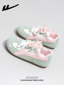 1 Pair WARRIOR Women's Thick Sole Lace-Up Soft Bottom Casual Shoes, Low-Top Outdoor Flat Shoes, Round Toe Low Heel Non-Slip Solid Color Elegant Soft Bottom Hiking Shoes, Suitable For Students, Graduation Photos, Flat Shoes, Low-Top Leather Sports Skateboard Shoes