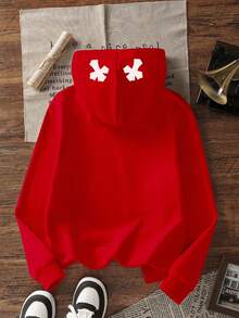 1件装少女加厚保暖印花连帽衫，年轻学生服装，适合秋冬季节穿着，长袖上衣，Y2K/休闲/时尚/日常/街头/度假/学院/男女通用 - 紅色 - 查看 3