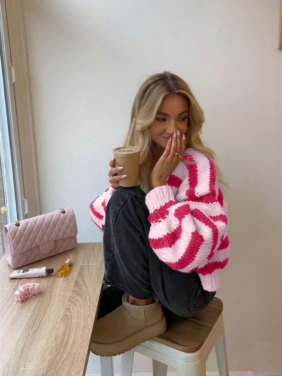 Vivid Style Women's V-Neck Contrast Striped Loose Cropped Knit Cardigan, Drop Shoulder Autumn/Winter Cardigan, Christmas, New Year