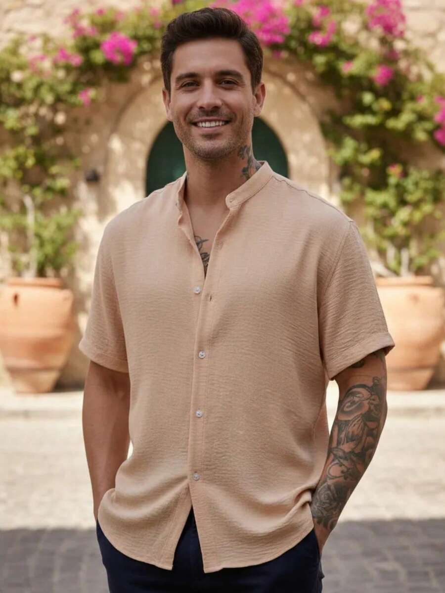 Men's Short Sleeve Shirt With Priest Collar Premium Quality Light And Fresh Fabric Easy To Iron - 香檳色 - 查看 1