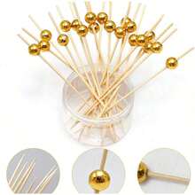 200pcs/100pcs/50pcs/20pcs/5pcs Bamboo Made Golden Faux Pearl Bamboo Skewers, Suitable For Tabletop Decor, Dessert Garnish, Fruit Kebabs, Parties, Birthdays, Weddings, Clubs, Fruit, Cupcakes, Burgers, Barbecue, Snacks, & Hygienic - Beige - View 3