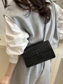 A Mini Fashion Women's Retro Shoulder Bag, Metal Chain Lightweight Crossbody Bag PU, Casual Lock Square Bag, Alligator Bag, Young Girl Shopping Bag, Suitable For Women's Daily Commute - màu đen - Xem 3