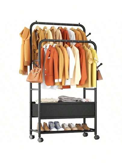Clothing Racks Hanging Clothes, Portable Rolling Garment Rack, Sturdy Metal Freestanding Clothes Rack With Wheels, Double Rods Wardrobe Racks Bedroom Laundry Living Room