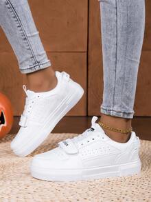 New Ins White Casual Sneakers, High-Quality Student Versatile Hook And Loop Sports Shoes, Thick Sole Elevated Casual Shoes For Teenagers, Outdoor - White - View 3