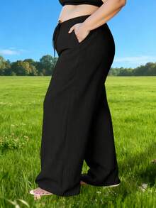 Plus Size Women Casual Soft Jogger Pants, Loose Straight Leg Workout Leggings For Running, Fitness, Yoga, Fashionable Daily Outdoor Slim Fit Pants With Pockets, Autumn/Winter - Black - View 6