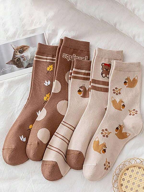 5 Pairs Women's Mid-Calf Socks, Cartoon Style, Korean Fashion Autumn/Winter, Slouch Socks, Japanese School Style Long Socks
