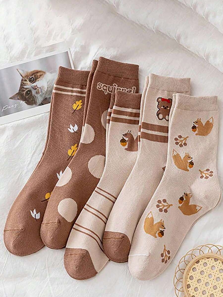 5 Pairs Women's Mid-Calf Socks, Cartoon Style, Korean Fashion Autumn/Winter, Slouch Socks, Japanese School Style Long Socks