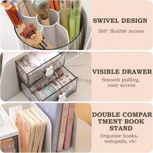 Organizador de escritorio, organizador de lpices multifuncional, soporte para bolgrafos con un soporte para libros, organizador de oficina con 2 cajones, accesorios de escritorio para oficinas - Blanco - Ver 4