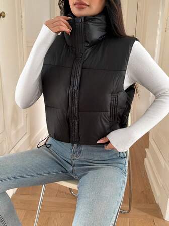 Women's Sleeveless Vest Waistcoat, Solid Color Stand Collar Warm Fashion, Front Button Design, Cropped Short Sexy Romantic Style, Autumn/Winter