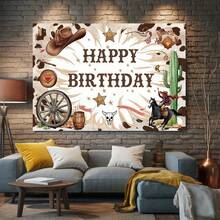 1件西部牛仔生日横幅，印有“生日快乐”字样，设计有牛仔帽、仙人掌、马和星星，适合生日派对、牛仔主题生日、蛋糕桌装饰、礼品包装、家居花园和客厅装饰、室内外派对装饰、生日派对用品。 - 彩色 - 查看 3