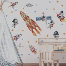Cartoon Astronaut Rocket Wall Stickers For Kids Room Kindergarten Decor Telescope Star Stickers - Multicolor - View 8