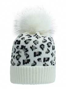 Custom Knitted Leopard Print Fuzzy Pom Pom Beanie Hat