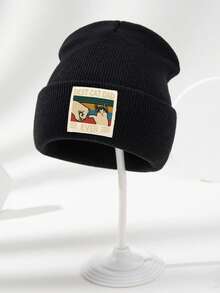 1pc Unisex Autumn/Winter Outdoor Casual Fashion Elastic Soft Comfortable Knit Beanie Hat With CAT Logo Print, Versatile For Daily Wear - A - View 3