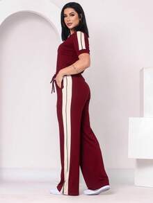 Women's Basic Pants And Blouse Set With Stripes On The Side - 紅木色 - 查看 2