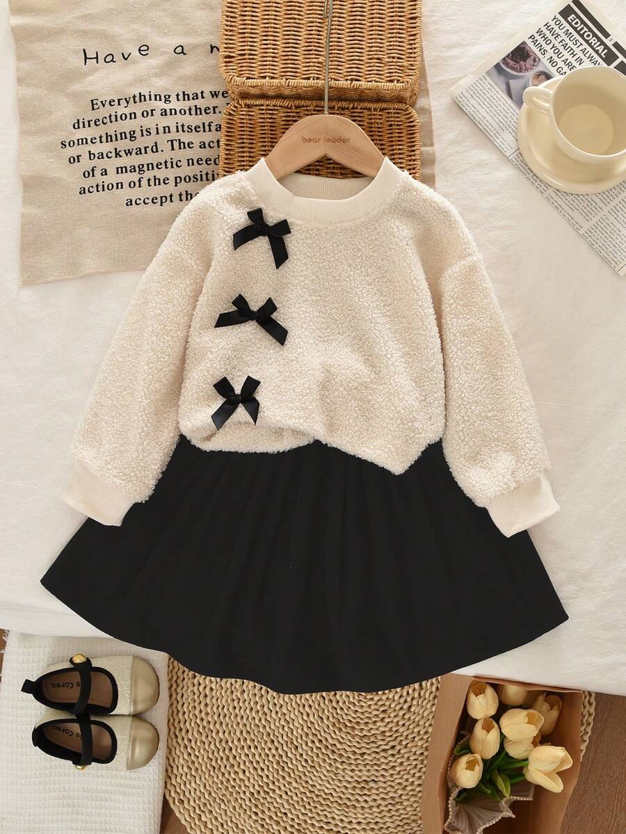 2pcs Young Girls Letter & Teddy Bear Fleece Sweatshirt And Skirt Set, Spring/Autumn