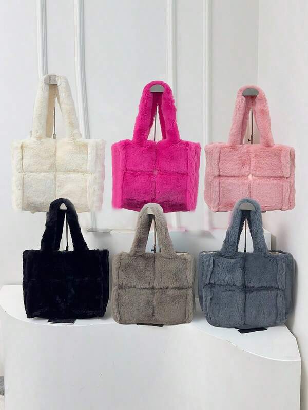 BAILEE 1 Piece Of Autumn And Winter New Fashion Personalized Long Hair Fur Solid Color Foldable Large Capacity Double Handle Magnetic Opening And Closing Design With Women's Tote Bag, Suitable For Autumn And Winter Seasons, Daily Travel And Fashionable Dressing