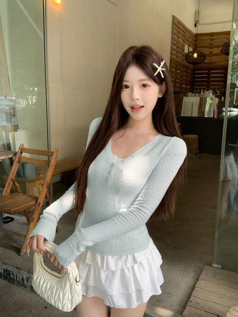 女式秋季韩版纹理V领修身长袖针织毛衣上衣 - 藍色 - 查看 1