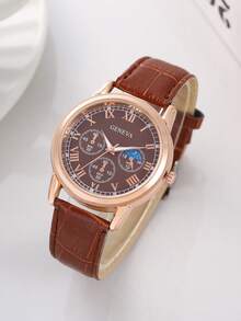 男士时尚休闲商务皮带和石英表套装 - 棕色 - 查看 4