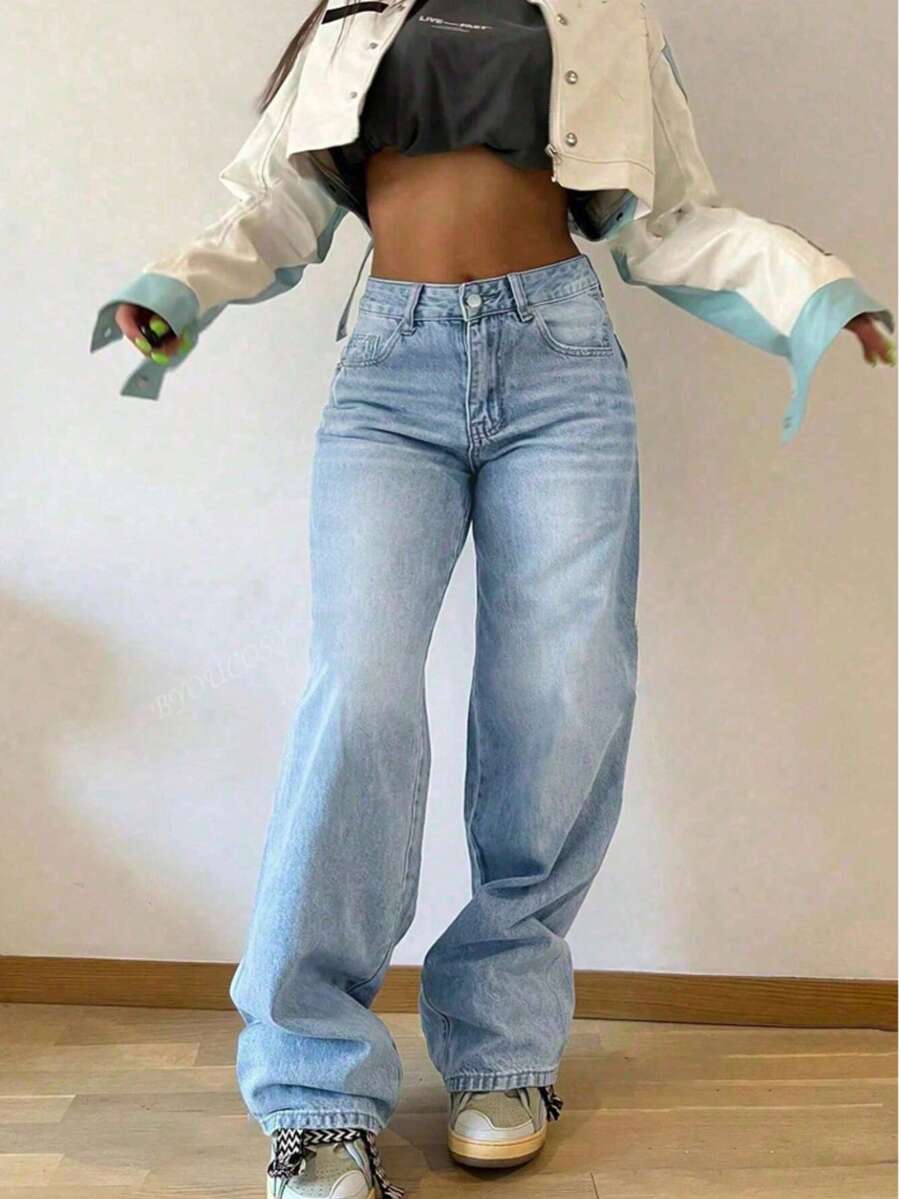 Quần jeans ống đứng dáng rộng cổ điển dành cho thanh thiếu niên - Rửa nhẹ - Xem 1