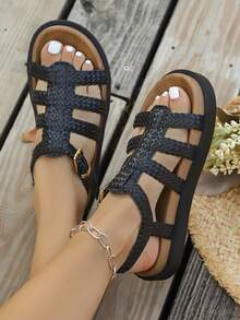 Minimalist Chic Flat Slippers, Fashionable Strap Casual Beach Sandals - Black - View 2