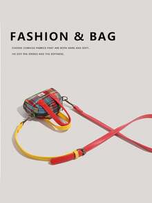 PU皮革和布料拼接时尚迷你手提包，配有双色可调节肩带，可爱轻便，适合作为礼物 - 彩色 - 查看 3