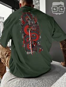 Oversized T-Shirt Japanese Dragon Samurai Sword Katana REF 7305 VEST NERD - Army Green - View 4