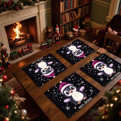 Set/1pc/4pcs/6pcs Christmas Purple Penguin Pattern Tableware, Heat-Insulating Tableware, Machine-Washable Polyester Tableware, Protective Tableware, Central Decoration, Daily Family Living Room Decoration, Suitable For Group Gathering Decoration