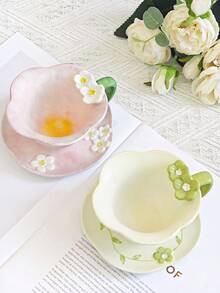1 Set Minimalist Design Hand-Painted Embossed Plum Blossom Coffee Cup + Saucer Set