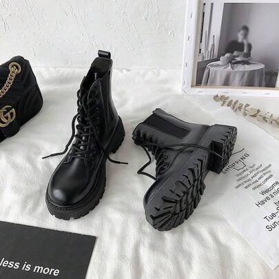 Women's Black Lace-Up Chunky Sole Combat Boots - Retro Edgy Style Casual Ankle Boots