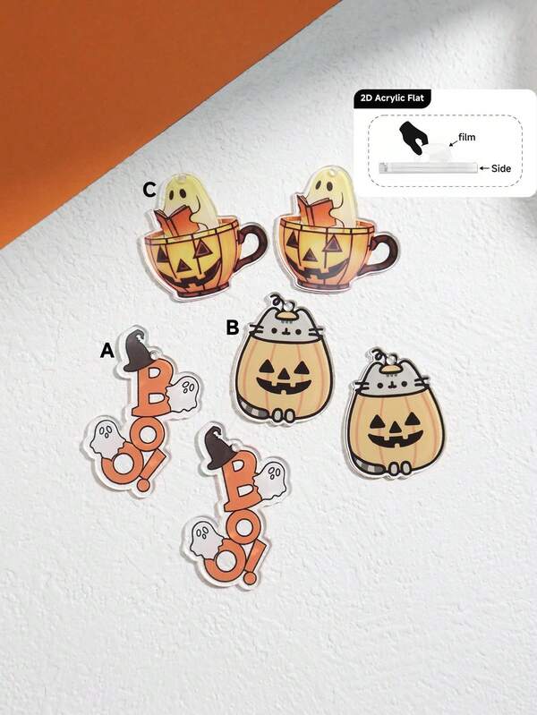 2D Flat, 1 peça Halloween Ghost Cat Pumpkin Pattern DIY Jewelry Accessory/Articulated Brinco Pingente Supplies/Pré-perfurado para amadores/Item barato/Decoração pequena/Material acrílico impressão frente e verso
